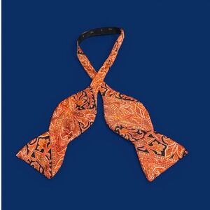 Vintage Tricel Paisley Bow Tie Mens Orange Red Self Tie Made in England Retro
